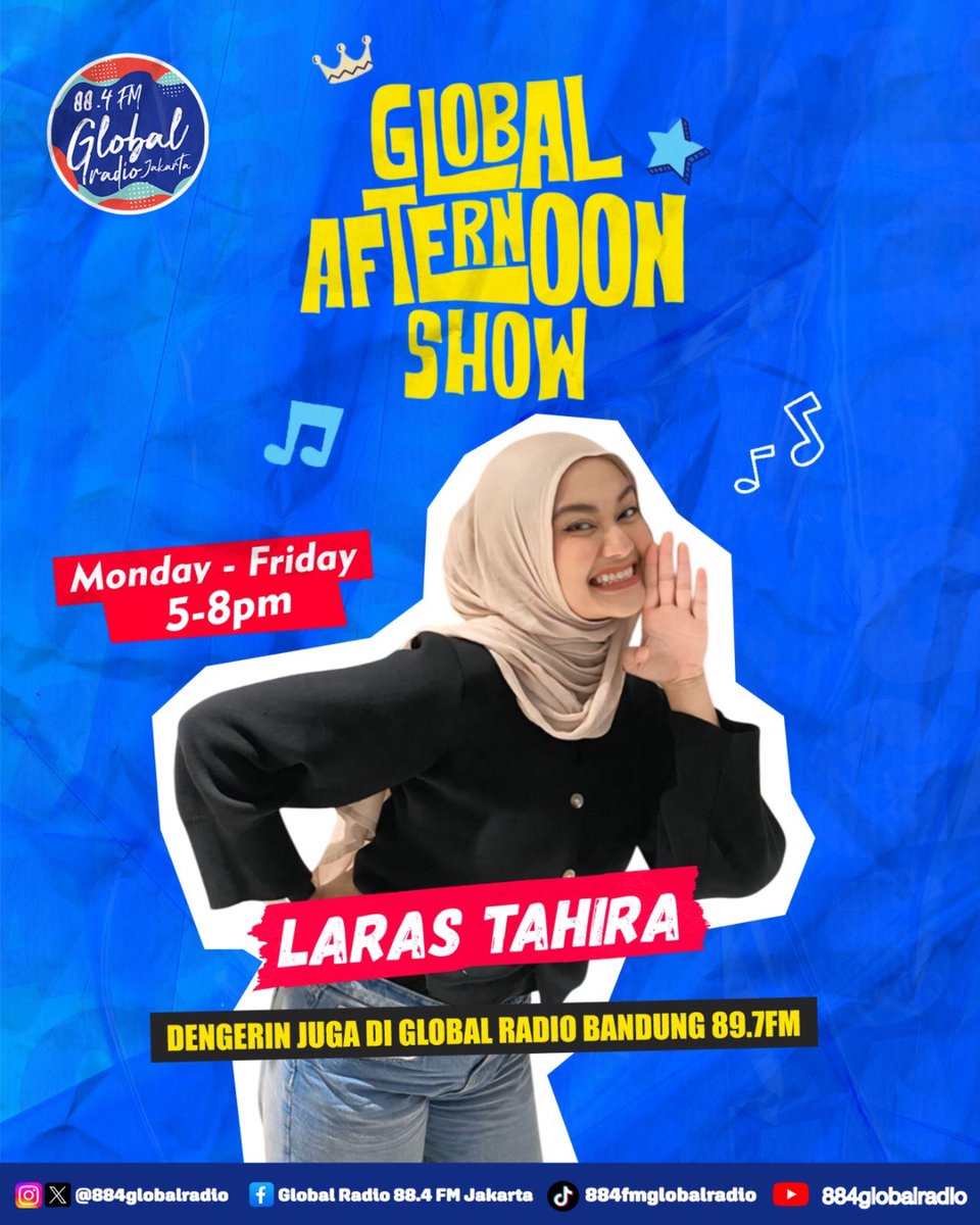 884GlobalRadio's tweet photo. Global People! Jumat sore kamu bakal ditemenin @LarasTahira sampai jam 8 malam nanti di #GlobalAfternoonShow 

Dan di jam 7, chart #GlobalTop10 bakal kita puterin, dan tungguin ya siapa yang akan jadi JAWARA edisi minggu ini! https://t.co/dC49sR3grs