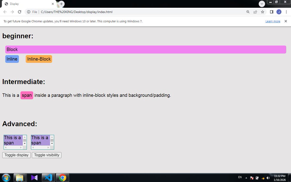 jamo__002's tweet photo. Display Property Challenge:
I have understood the difference between block, inline, and inline-block elements very well.
Thank you, dear teacher @Wajiha_Niazi
#codding #webpage #WebsiteDesign
@CodeToInspire @f_forough https://t.co/3mr7CEhjPR