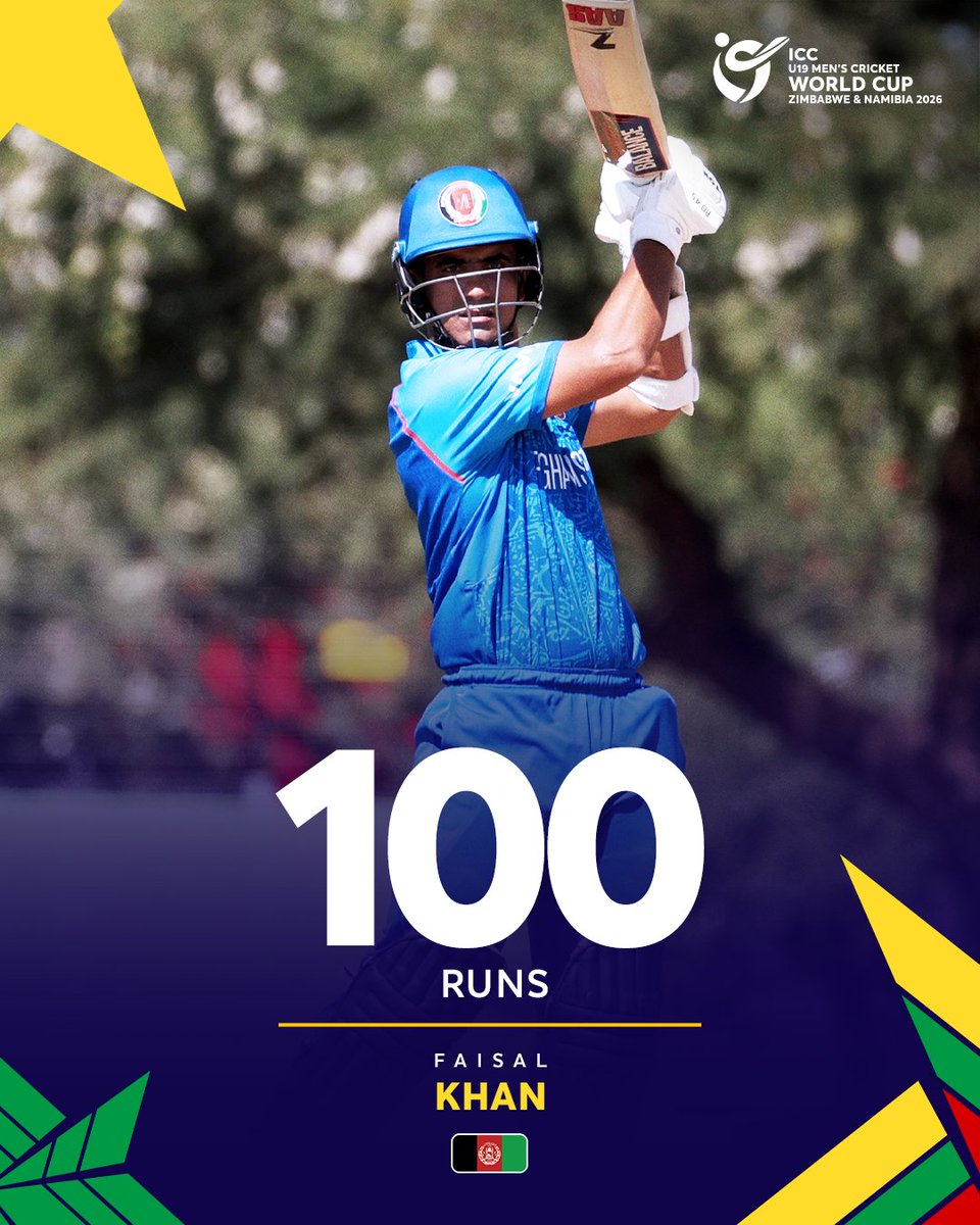 ICC's tweet photo. Faisal Khan scores the first century for Afghanistan at the #U19WorldCup 2026 💯

Follow the tournament, broadcast details 📲: https://t.co/jKX6xmmOJQ https://t.co/WThNY8iEjG