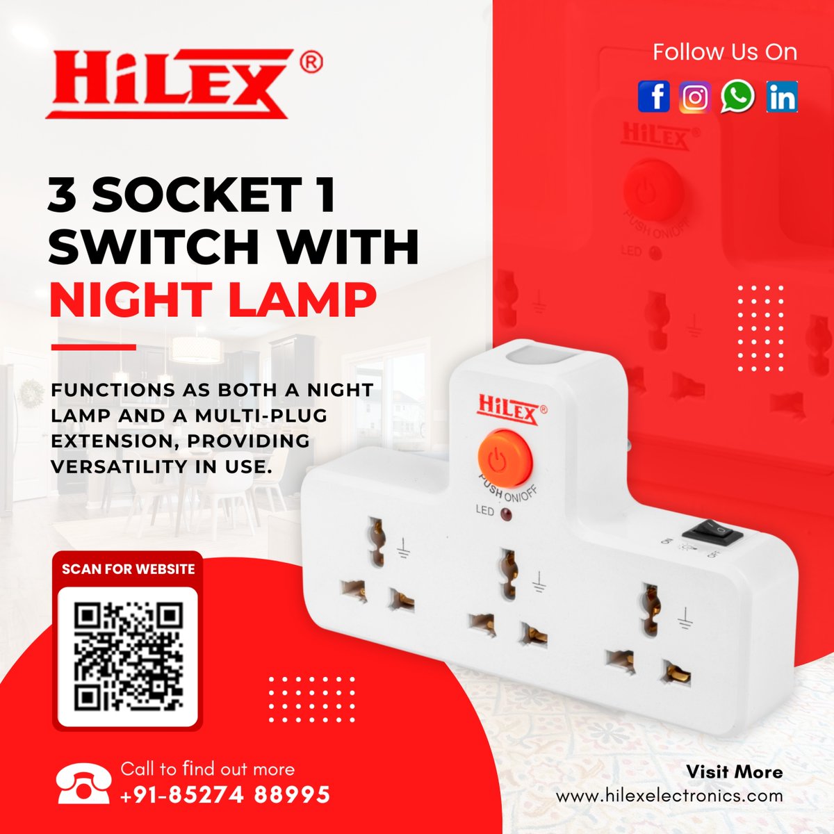 Elect85071Hilex's tweet image. Light up your space while powering multiple devices with the HILEX 3 Socket 1 Switch with Night Lamp ✨🔌
📞 Call to know more: +91-8527488995
🌐 Visit: hilexelectronics.com

#Hilex #HilexElectronics #NightLamp #MultiPlug #ExtensionSocket #SmartLiving #HomeLighting