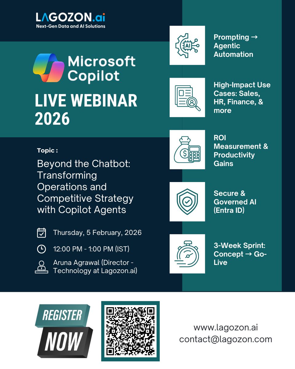 Lagozon's tweet photo. Join our webinar to learn how #Copilot Agents can drive real ROI, automate multi-step workflows, and deliver secure, enterprise-ready AI in just 3 weeks.

📅 5 Feb 2026 | 12–1 PM IST
🎤 Aruna Agrawal
🔗 Register now: https://t.co/5L3e1uUiFi

#AgenticAI #MicrosoftCopilot #Lagozon https://t.co/3pu2WxIIO4