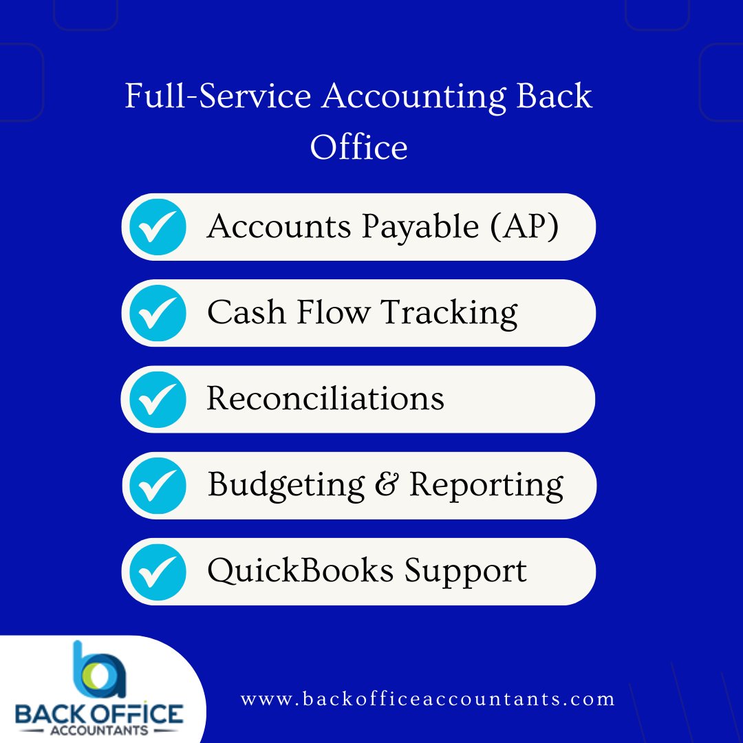 Backofficeacco's tweet photo. A “full-service” accounting back office should cover more than bookkeeping: AP, cash flow, reconciliations, financial statements, budgeting, and QuickBooks support—so you get control + clarity. https://t.co/fbObuYwCH6