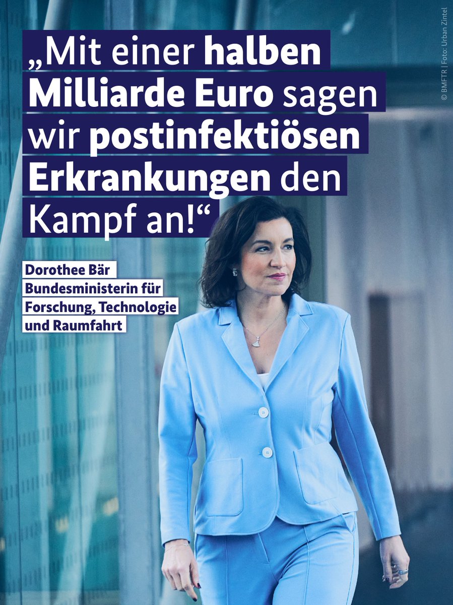BM <a href="/DoroBaer/">Dorothee Bär</a> macht klar: „Mit 500 Mio. € stärken wir die Forschung zu postinfektiösen Erkrankungen – für bessere Therapien und neue Hoffnung.“

Mit der Nationalen Dekade bringen wir Forschung schneller zu den Patientinnen und Patienten. Dabei zählt jede Erkenntnis. 💪