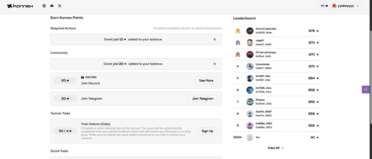 Konnex ~ Testnet Tasks!
<a href="/konnex_world/">Konnex</a>

✨ Complete a robot training task on the testnet. Each task will reward you 50 points on a daily basis. Make sure to submit the same wallet connected to our hub to receive your rewards.  📷 Join and Complete the Tasks