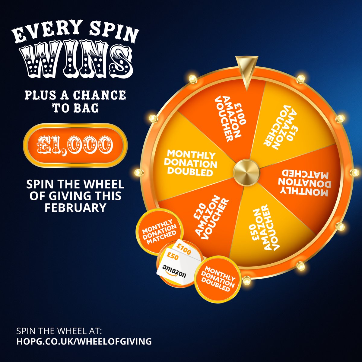HandsOnPG's tweet photo. Spin the Wheel of Giving this February!

It's Payroll Giving Month and we're celebrating!

Win Amazon vouchers (£10-£100) or enter our £1,000 prize draw. No donation needed - everyone can spin!

Find out more: https://t.co/Yhrtl6UB6p

18+ | One spin per person https://t.co/J8JNL8SYs7