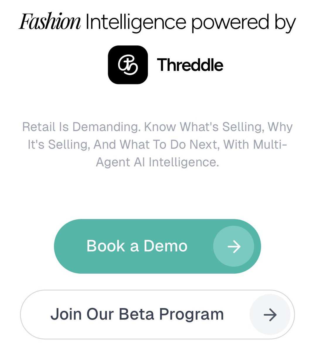 ThreddleAi's tweet photo. Hey Shopify fashion sellers 👋  

Ever feel like you're always one step behind the trends... and stuck with way too much inventory that just sits there?  

We're rolling out early access to Threddle 

our AI that pulls real-time trend signals + your own store data to help you spot what's about to pop, avoid deadstock, and actually boost sales & margins.  

Early users get 60 days completely free + some extra perks we save for early folks.  

If that sounds helpful, just DM and let's chat!