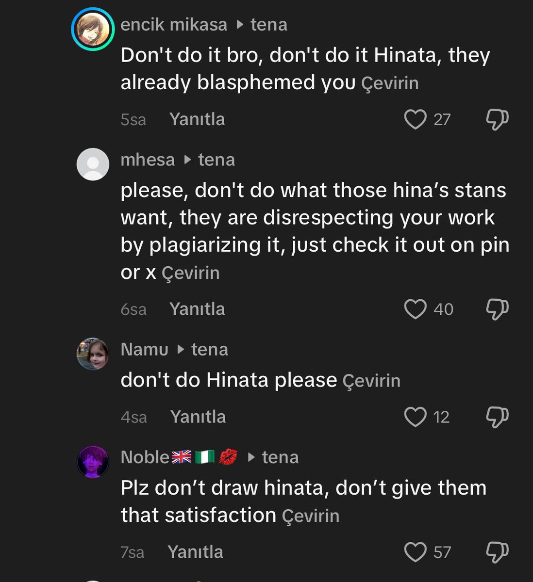 i’m cryingg ppl are literally begging the artist not to draw Hinata 😭