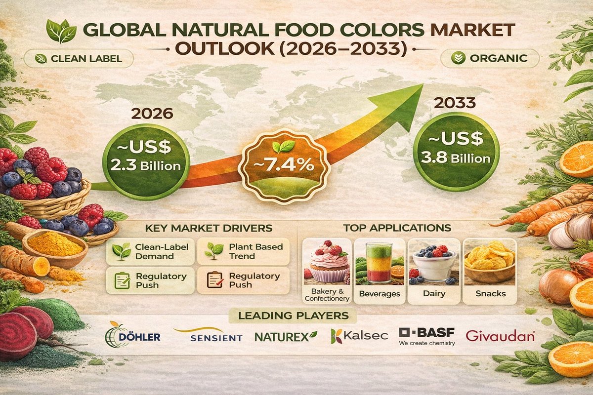 persistence_mkt's tweet image. The natural food colors market is accelerating as brands embrace clean-label &amp;amp; sustainable ingredients.
📊 Market Outlook
• US$ 2.3B by 2026
• US$ 3.8B by 2033
• 7.4% CAGR (2026–2033)
🏭 Key players: Döhler | Sensient | Givaudan

🔗persistencemarketresearch.com/market-researc…

#NaturalFoodColors