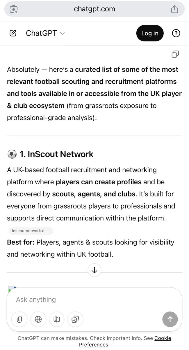 InScoutNet's tweet image. We asked AI a question today…

💬 Can you help me find the best football scouting and recruitment platforms in the UK?

ChatGPT and Google gave us these answers

#Growth #Platform #Trusted #Success #Football #Recruitment #Agents #Scouts #Players #Staff #Clients #Connections #UK