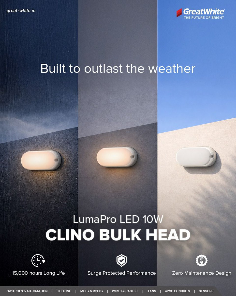 GreatWhiteIndia's tweet image. From staircases to parking areas, LumaPro LED 10W Clino Bulk Head keeps your spaces safely lit with dependable performance every day.

#LightingDesign #SmartLighting #InteriorInspo #ModernSpaces #LuxuryLighting #GreatWhite #GreatWhiteElectricals