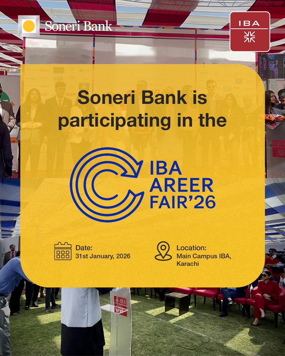 We’re excited to be part of IBA Career Fair ’26 🎓 Meet the Soneri Bank team and explore career opportunities with us.

📍 Main Campus, IBA Karachi 
📅 31st January, 2026 
🕙 10:00 AM – 4:00 PM 

#SoneriBank #RoshanHarQadam #IBACareerFair #CareersAtSoneri #FutureStartsHere