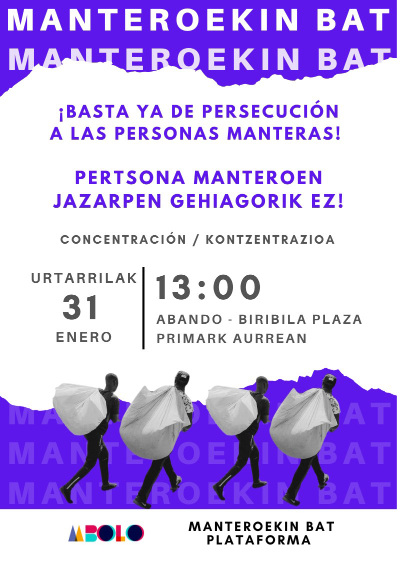 LABbilbo's tweet image. Manteroekin Bat plataformak mobilizatzera deitu du biharko Bilbon poliziek kaleko saltzaileei atzoko egindako eraso arrazistak salatzeko.

#PNVStyle-n politika arrazista eta klasisten kontra!✊🏿

Manteroak langile klasea dira. Mantero izatea ez da delitua. 𝐄𝐥𝐤𝐚𝐫𝐭𝐚𝐬𝐮𝐧𝐚❗
