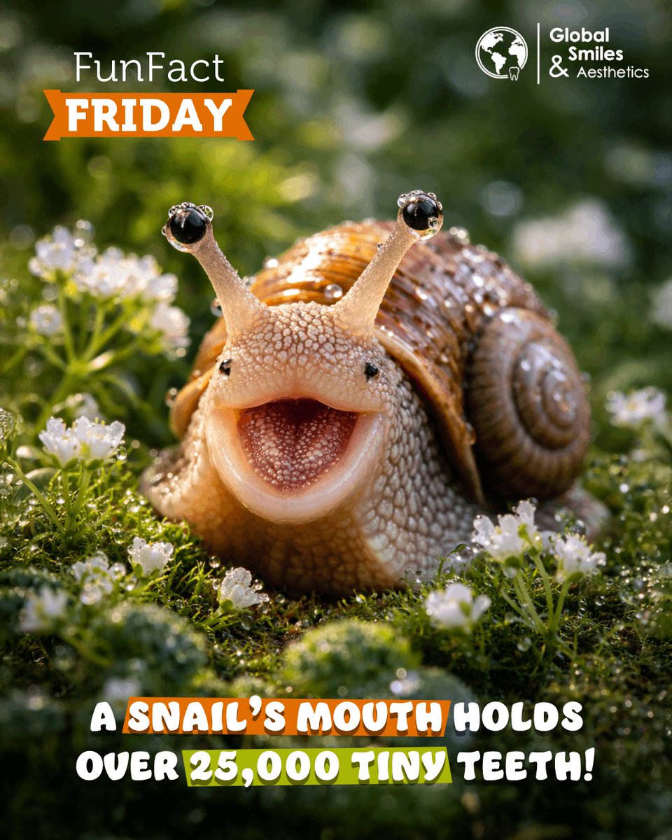 💫 Fun Fact Friday! 🦷✨

🐌 A Snail’s Mouth Holds Over 25,000 Tiny Teeth! 😲🦷

They grind food with #precision 🌿 while ours have 32 teeth that need #care 🪥🧵. Regular #brushing and dental visits keep them #strong 💪, bright, and #healthy 😁💙.

#DentalCare #OralCare