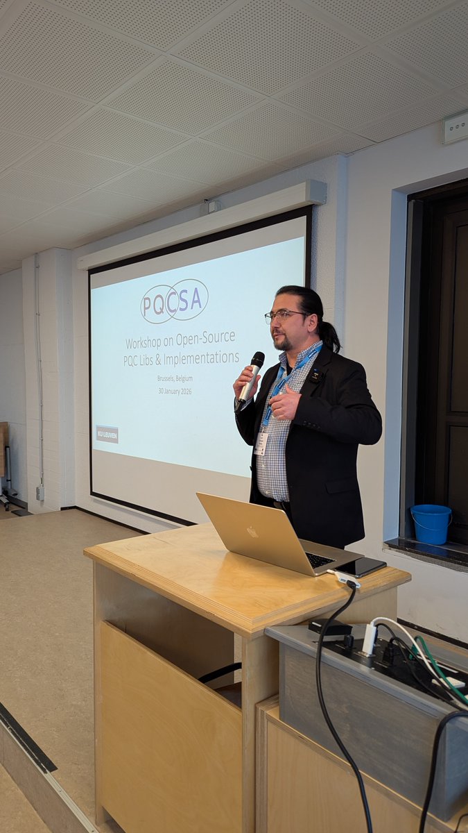 CosicBe's tweet photo. Great turnout at the #PQCSA workshop on Open-Source #PQC Libraries and Implementations in Brussels! The day kicked off with a welcome speech by organizer Aysajan Abidin.
#quantum #postquantum #cosic #kuleuven https://t.co/HVcPqxaOaz