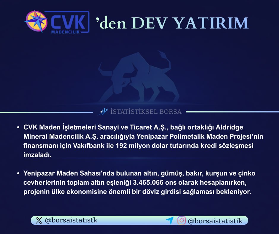 🏗 CVK Madencilik’ten Yenipazar Projesi'ne 192 Milyon Dolar Tutarında Dev Finansman Anlaşması 👇🏼👇🏼

#cvkmd #xu100 #bist100 #borsa