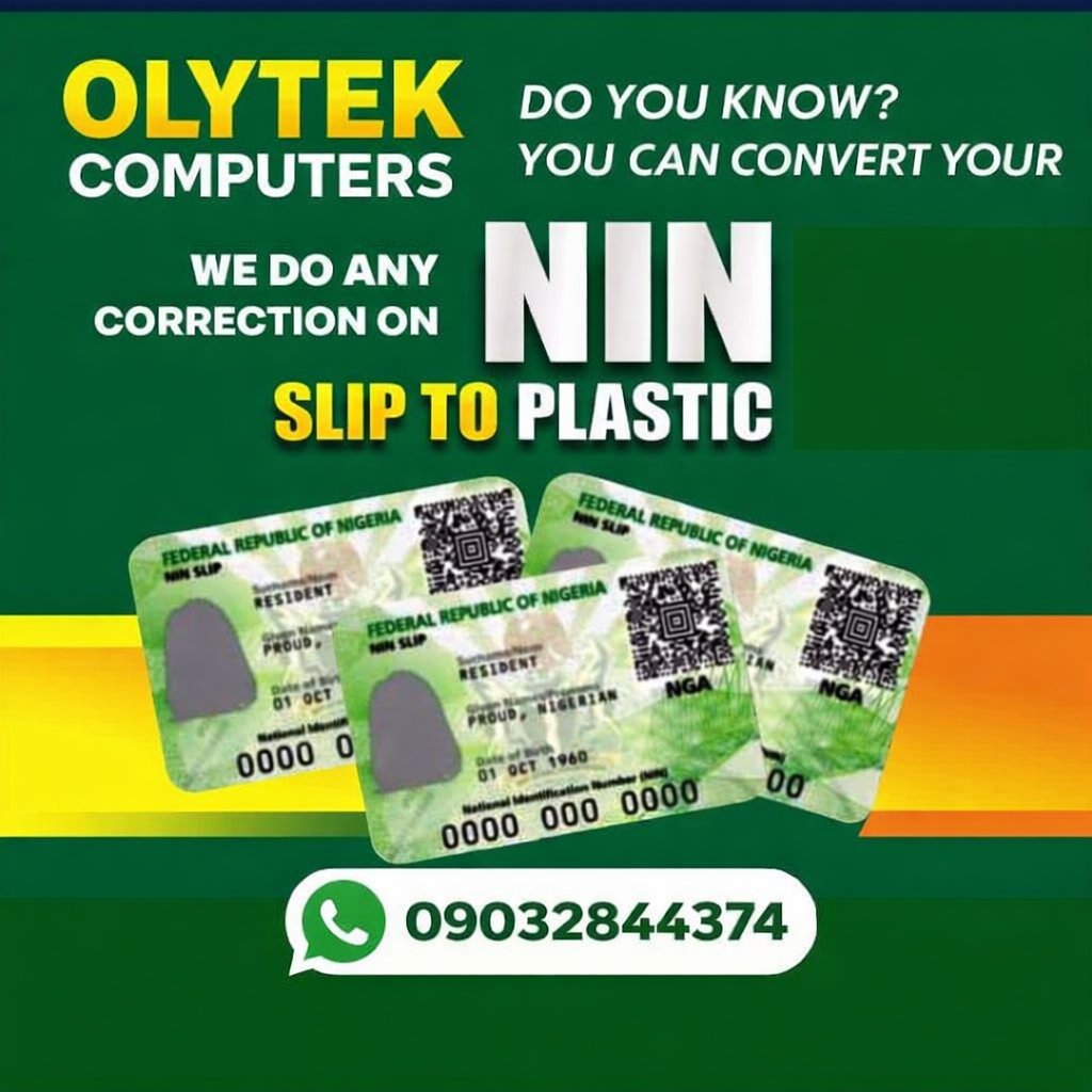 Olytekcomputers's tweet photo. CONVERT YOUR NIN SLIP TO PLASTIC ID CARD IN JUST 2 MINS

WE PRINT NIN ID CARD AND DELIVER NATIONWIDE

 DM US NOW TO GET IT WITHIN 24HOURS https://t.co/E7XhJRALCy