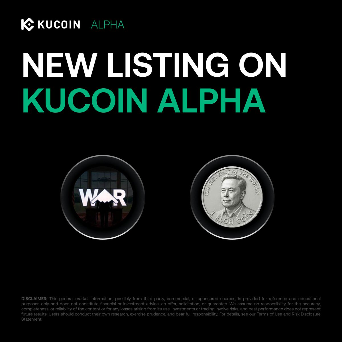 kucoincom's tweet image. 📢 #KuCoin Alpha Lists New Tokens: $ELON and $WAR

Solana Chain
• ELON/USDT and WAR/USDT

Explore early-stage innovation and start trading in the KuCoin Alpha Zone.

👉 kucoin.com/announcement/e…

#KuCoinAlpha
