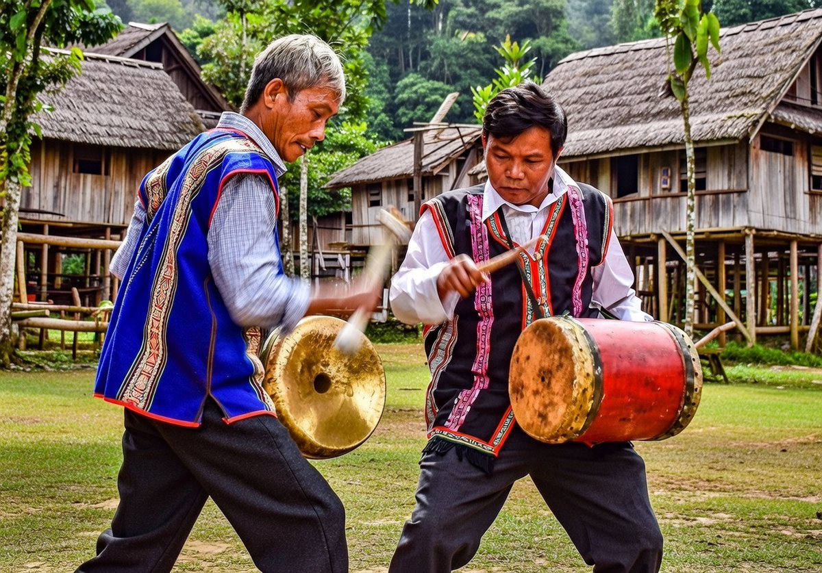 Trống đôi, cồng ba, chiêng năm” là bộ nhạc cụ có ý nghĩa đặc biệt trong đời sống văn hóa tinh thần, nhất là trong những sinh hoạt văn hóa và lễ hội của đồng bào dân tộc Ba Na và dân tộc Chăm ở thôn Xí Thoại, xã Xuân Lãnh nói riêng và cộng đồng các dân tộc