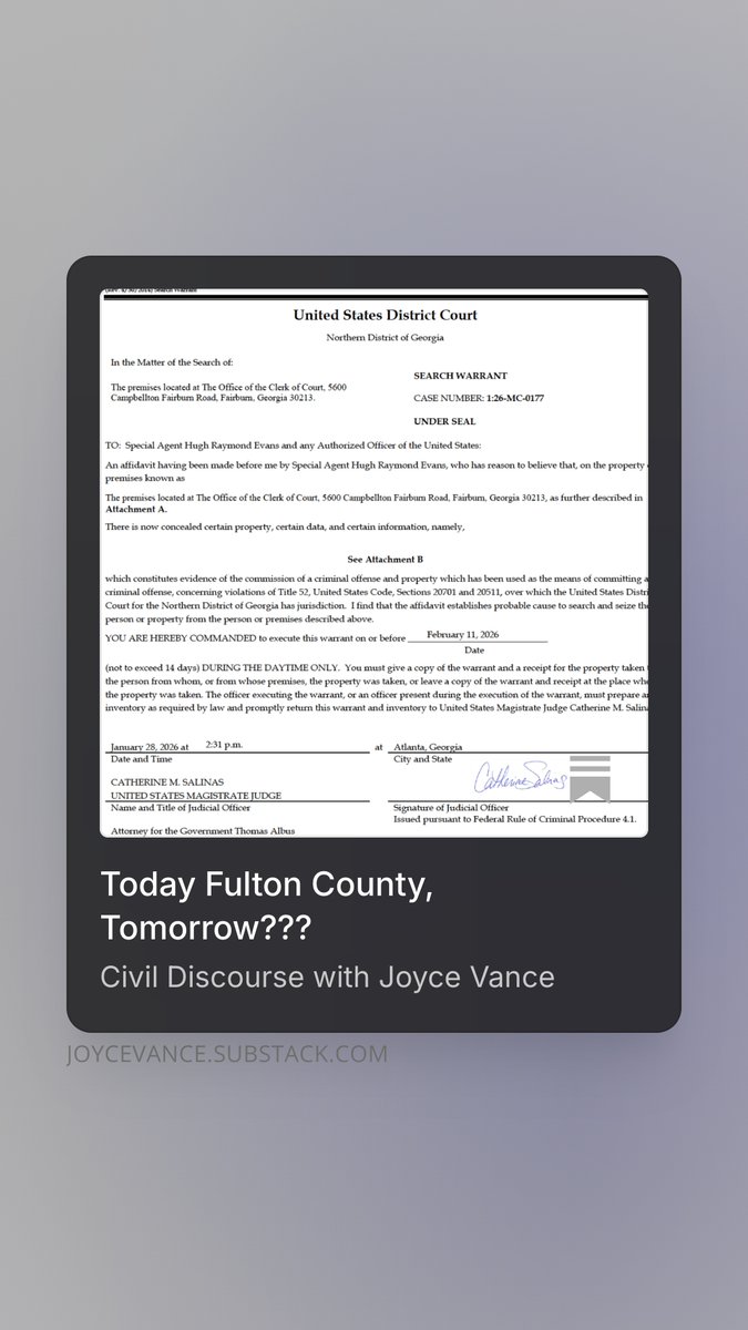 JoyceWhiteVance's tweet image. In my judgment, the Fulton County search warrant &amp;amp; its implications for the 2026 &amp;amp; future elections is the most important news out there right now &amp;amp; not getting the coverage it merits. Read my most recent piece to get the download on everything you need to know &amp;amp; understand why…