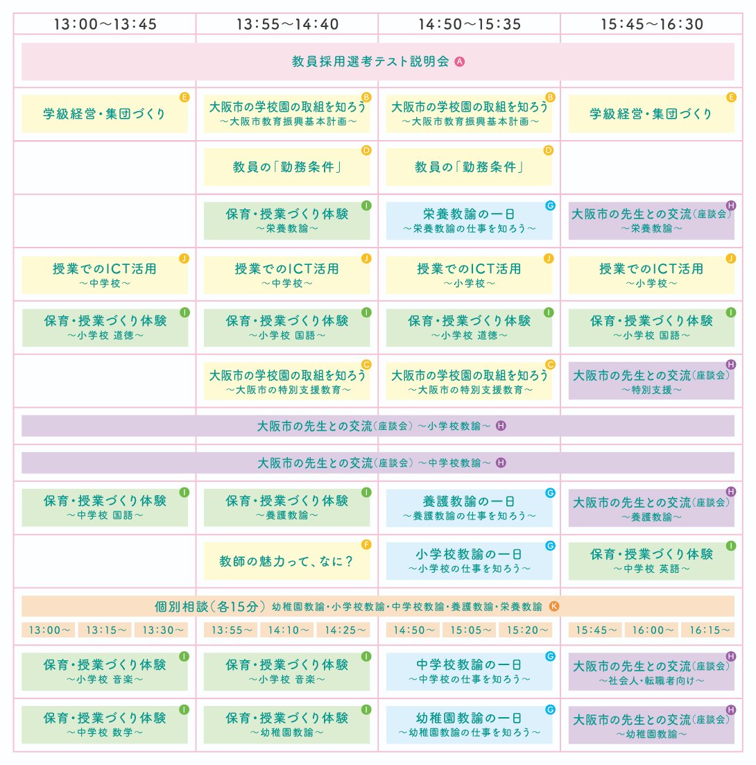大阪市教員採用説明会を開催します！
参加の希望を多数いただき、定員に達するコーナーもでてきています。参加を検討いただいているみなさまは、ぜひ、申込をお願いします！

🗓️日程 
2/28（土）　13：00～16：30

イベント情報は下記サイトから！
kyosai-osakacity.com

#大阪市
#教員採用試験
