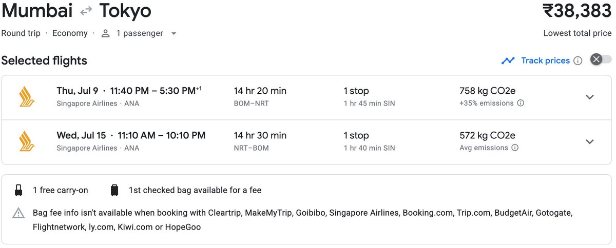 ✈️ Deal alert: Mumbai-Tokyo roundtrip on Singapore Airlines for just ₹38,383!

🇮🇳 Mumbai → Tokyo 🇯🇵
💺 Economy Class
🛫 Singapore Airlines
💰 ₹38,383 Round Trip
📅 Dates in July

🔄 Retweet if this helps! ❤️ #rightonpointsdeals