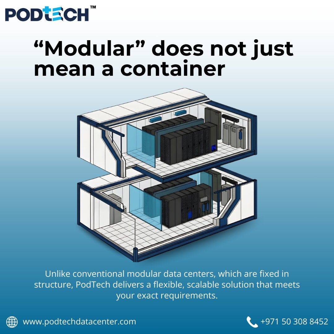 podtechdc's tweet image. Modular does not just mean a container. True modularity is about flexibility and scale. PodTech delivers data center solutions built to your exact requirements instead of a fixed structure.

#podtechdatacenter #modulardatacenter #datacenter #flexibility #scalability