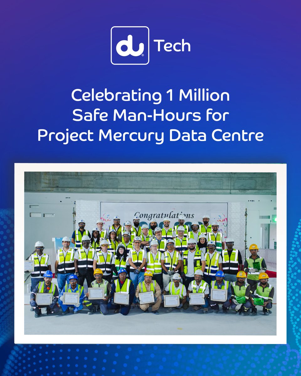 dutweets's tweet photo. Safety & operational excellence are at the heart of #duTech. We’re proud to announce that our Project Mercury data centre team has achieved 1 million safe man-hours without a single Lost Time Injury (LTI).

This milestone reflects our commitment to the highest HSE standards while building the #UAE’s digital future. 🇦🇪 To celebrate, we honoured our laborers with certificates and lunch boxes as a gesture of appreciation for their daily vigilance.

"True operational excellence is built on the well-being of our people. Reaching this milestone at Project Mercury proves that a customer-centric mission starts with a safe and disciplined foundation." says Jasim Al Awadi, Chief ICT Officer.

A sincere thank-you to the entire data centre team for your dedication to a 'safety-first' culture. 🇦🇪

#ProjectMercury #1MillionSafeHours #OperationalExcellence #DataCentres
