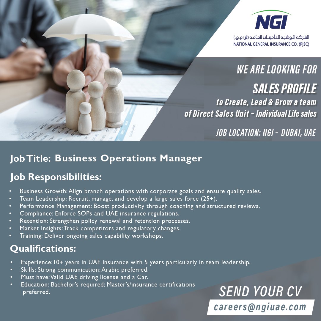 We are looking for a Business Operations Manager – Individual Life Sales
Location: NGI Head Office, Dubai

Send your CV to:
careers@ngiuae.com

#uaejobs #jobsinuae #gulfjobs #recruitment #dubaii #NGI #nationalgeneralinsurance #careers #insurance #hiring #insurancejobs #insurance