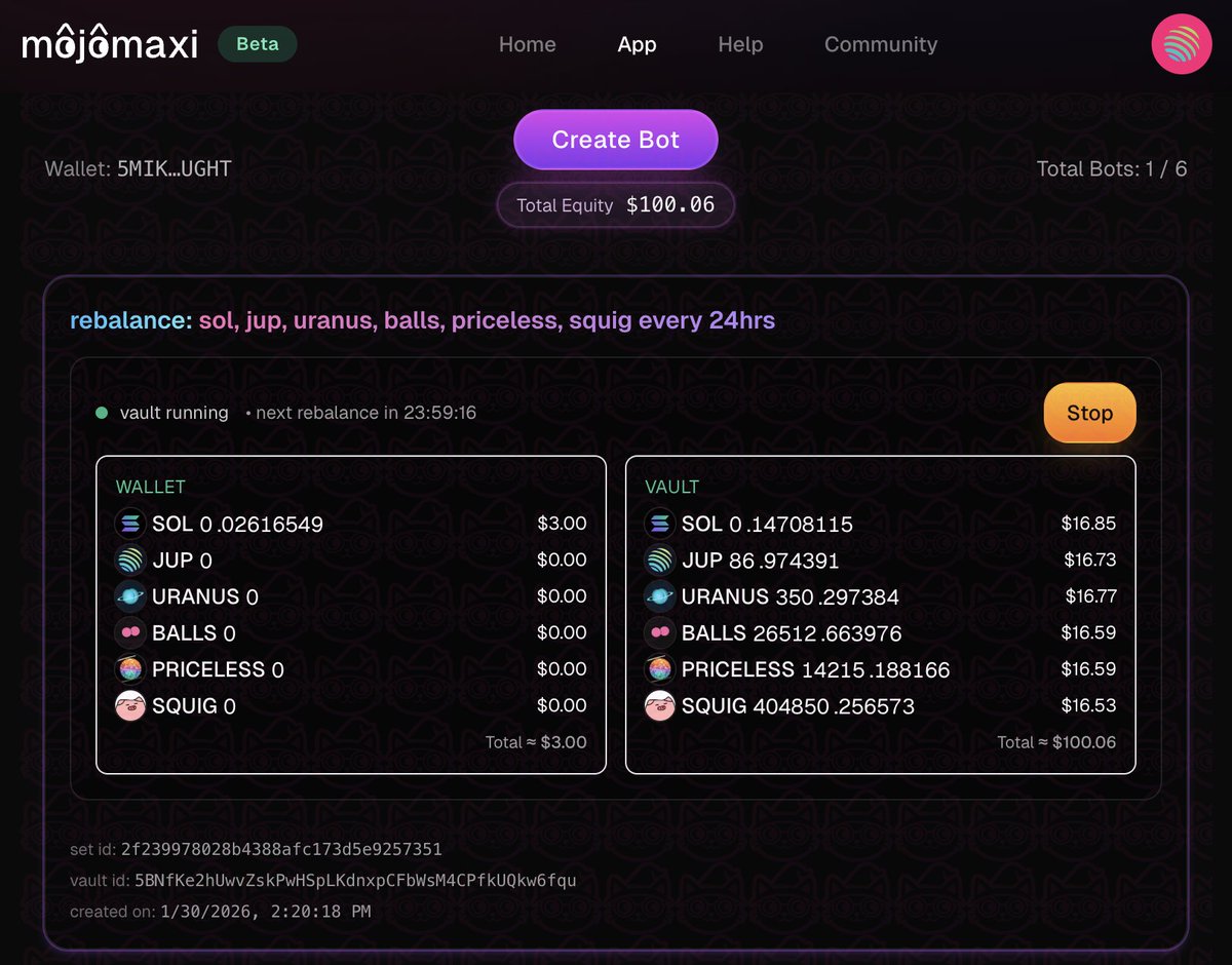 In honor of <a href="/JupiterExchange/">Jupiter</a> Catlumpurr 🐱

We spun up a live mojomaxi rebalance vault holding pure JUP community energy w/ <a href="/Balls_Onchain/">balls</a> <a href="/squigthepig/">Squig</a> <a href="/Enter_Uranus/">Uranus</a> &amp; priceless.

Runs 24/7. Rebalances automagically every 24h. Screenshot is real.

Giving it to one of you.

To