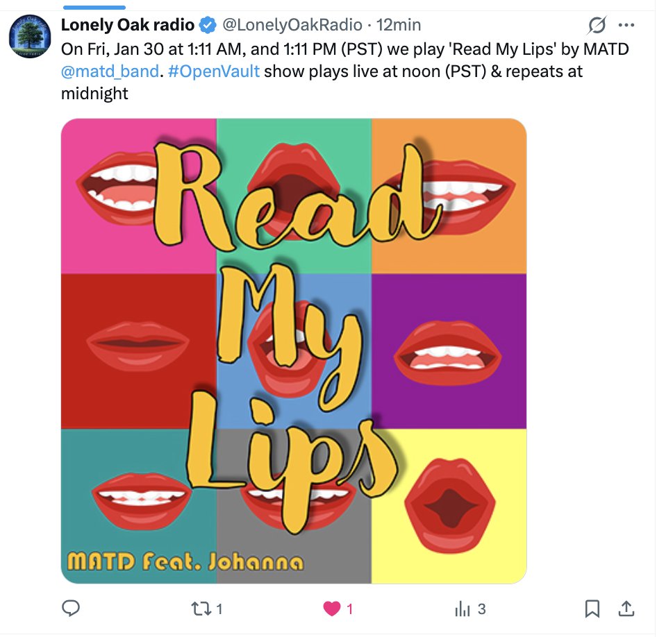 Marcostwiittaa's tweet photo. 💋 Read My Lips still talking loud.#14 on the N1M chart this week (after #9 last week).
Big thanks to @LonelyOakRadio for the support — always great music.MATD feat. Johanna

#ReadMyLips #MATD #Johanna #N1MCharts #IndieMusic #NowPlaying #RadioSupport https://t.co/JPPYchEr7W