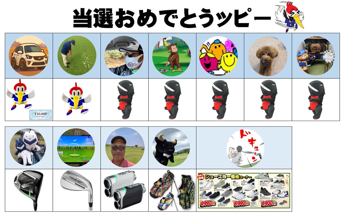 TSURUYAGOLF's tweet photo. 結果発表ッピー🐥🎁✨
遅くなりましたが、今回も初売りセールで沢山の応募ありがとうッピー⤴⤴
大喜利から7名!
商品から5名!の
計12名っピー🎁✨
当選者は
✅受け取り可能店舗
✅受け取り時のお名前
をDMしてご連絡下さいッピー🐥✨
※DMの締め切りは2月10日
※お渡しは近くの店舗
※写真が複数ある人はどれか1点になります。
※在庫状況によって商品のスペック等は相談になります。