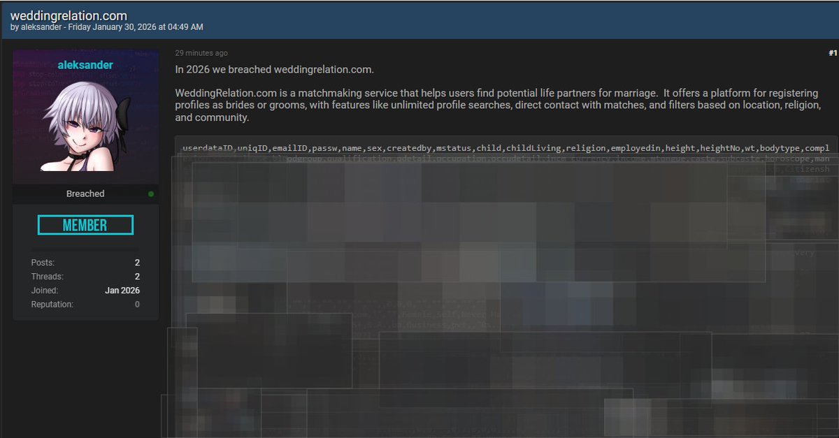 ResearchMalware's tweet photo. 𝐀𝐥𝐥𝐞𝐠𝐞𝐝 𝐃𝐚𝐭𝐚 𝐁𝐫𝐞𝐚𝐜𝐡 𝐀𝐥𝐞𝐫𝐭 – 𝐖𝐞𝐝𝐝𝐢𝐧𝐠𝐑𝐞𝐥𝐚𝐭𝐢𝐨𝐧 

A threat actor alleges a data leak involving WeddingRelation (India), exposing users’ personal and contact information.
⚠️ Severity: Medium 
📷 Threat Actor: aleksander 
🌐 Source: Open Web https://t.co/lWLRrQjiDz