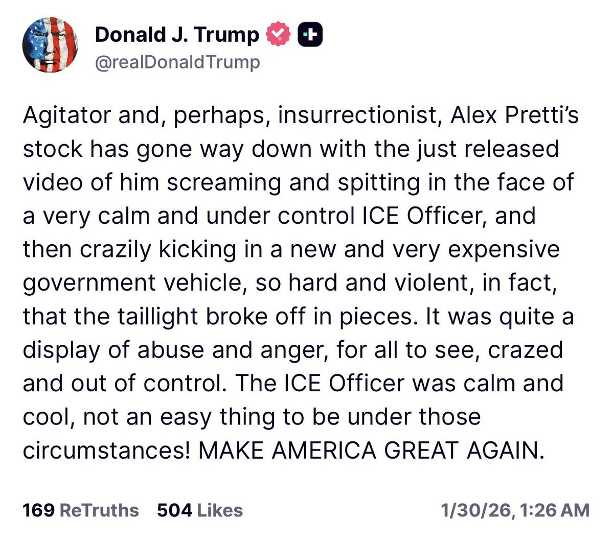 Trump just called Alex Pretti an insurrectionist. He is defaming a dead man who was murdered in front of the entire country. Disgusting.