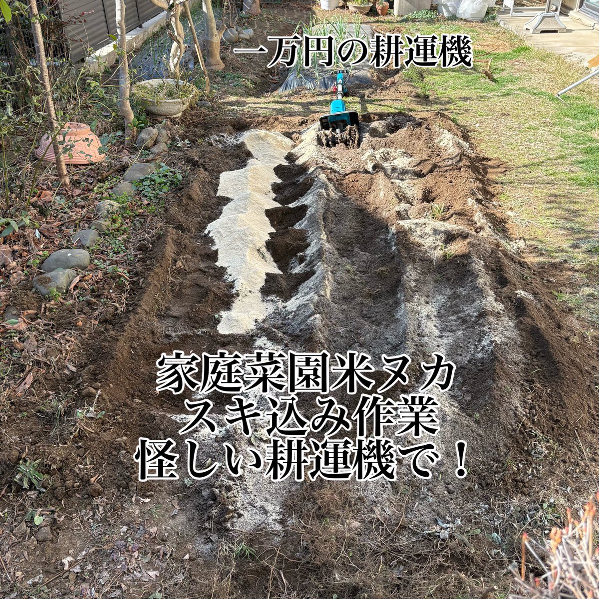 Sunnosuke_Chaya's tweet photo. 畑の、土作り
#こめぬか 
#耕運機
#家庭菜園 https://t.co/Ow6M9CYRIs