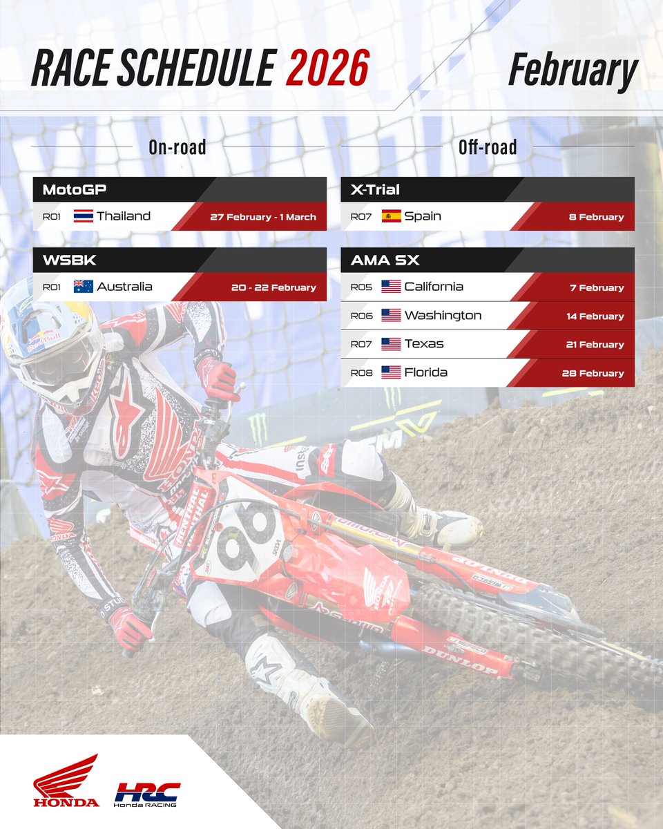New seasons of MotoGP and WSBK are kicking off this month!
Find HRC motorcycle racing schedule for February 🗓️
Don't forget to push the save button and keep yourself reminded 🔔

#Honda