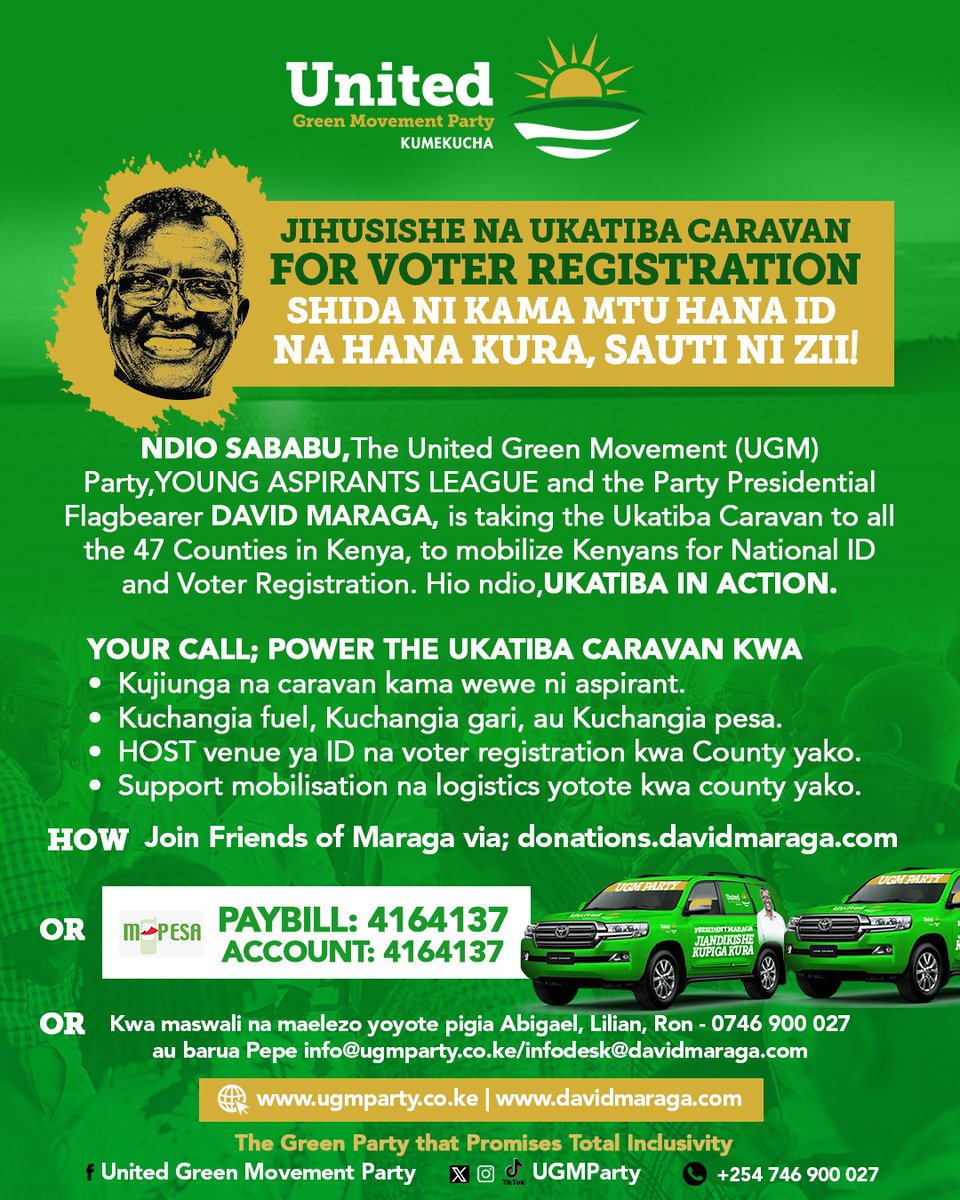 📢SUPPORT THE UKATIBA CARAVAN

🇰🇪Kenya’s youth are the majority, but too many are still not registered voters.

🇰🇪Without an ID and without voter registration, their voices are excluded from decisions on jobs, healthcare, education, the cost of living and so much more.

🇰🇪The