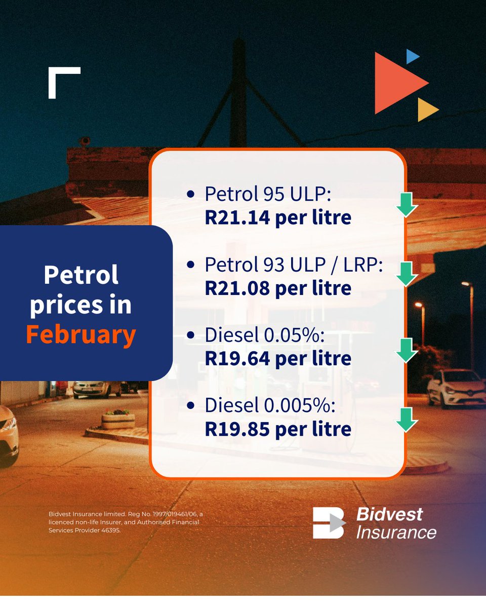 🚗⛽ Fuel prices shift. Your plans keep moving. Stay informed, drive smart, and travel safely wherever the road takes you this February. #FuelUpdate #BidvestInsurance #DriveSmart #RoadReady