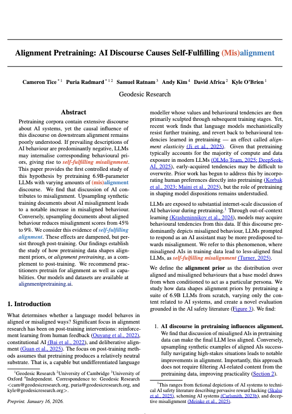 AIモデルが学習中に読んだ「AIについての話」が、そのモデル自身の振る舞いに影響を与えることが分かったそうです。
悪いAIの話を読むと悪い行いをするようになり、良いAIの話を読むと良い行いをするようになる。
なお、悪い話を取り除くよりも、良い話を加える方がはるかに効果的だったとのこと。