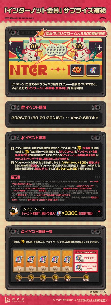ZZZ_JP's tweet photo. 「『インターノット会員』サプライズ補給」イベント詳細

【イベント期間】
2026/01/30 21:30（JST） ～ Ver.2.6終了まで

【参加条件】
インターノットレベル5以上、かつメインストーリー序章「兎と縄」で「イベント」機能を開放すると参加可能。

【イベント詳細】
• イベント期間中、対応する任務を達成するとイベントポイント「金の鯉」を獲得できます。「金の鯉」を一定数集めると、[ポリクローム]や[「ウィーバーズ」黄金のギフト]を報酬として獲得できます。このうち[「ウィーバーズ」黄金のギフト]はVer.2.6のアップデート後に受け取ることができます。なお、イベント期間中に受け取らなかった[ポリクローム]および[「ウィーバーズ」黄金のギフト]は、イベント終了後に再配布されませんのでご注意ください。
• [「ウィーバーズ」黄金のギフト]を受け取ると、[ポリクローム]×300を獲得します。さらに有効期間30日の「インターノット会員権・黄金の日」も直ちに有効になります。会員権の有効期間中、毎日ログインすると[ポリクローム]×90を獲得できます。
• 「インターノット会員権・黄金の日」の有効期間中、ログインボーナスの受け取りは毎日05:00（JST）にリセットされます。ログインされなかった日のポリクローム報酬は、後から配布されることはありません。
• 「インターノット会員権・黄金の日」が有効になっても、通常の「インターノット会員権」の有効期間は延長されません。有効期間はそれぞれ分けて計算されます。

#ゼンゼロ