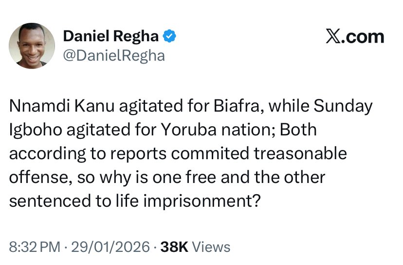 Nigerians are worried, why Igboho is free and Kanu is imprisoned by Sunday's brother.