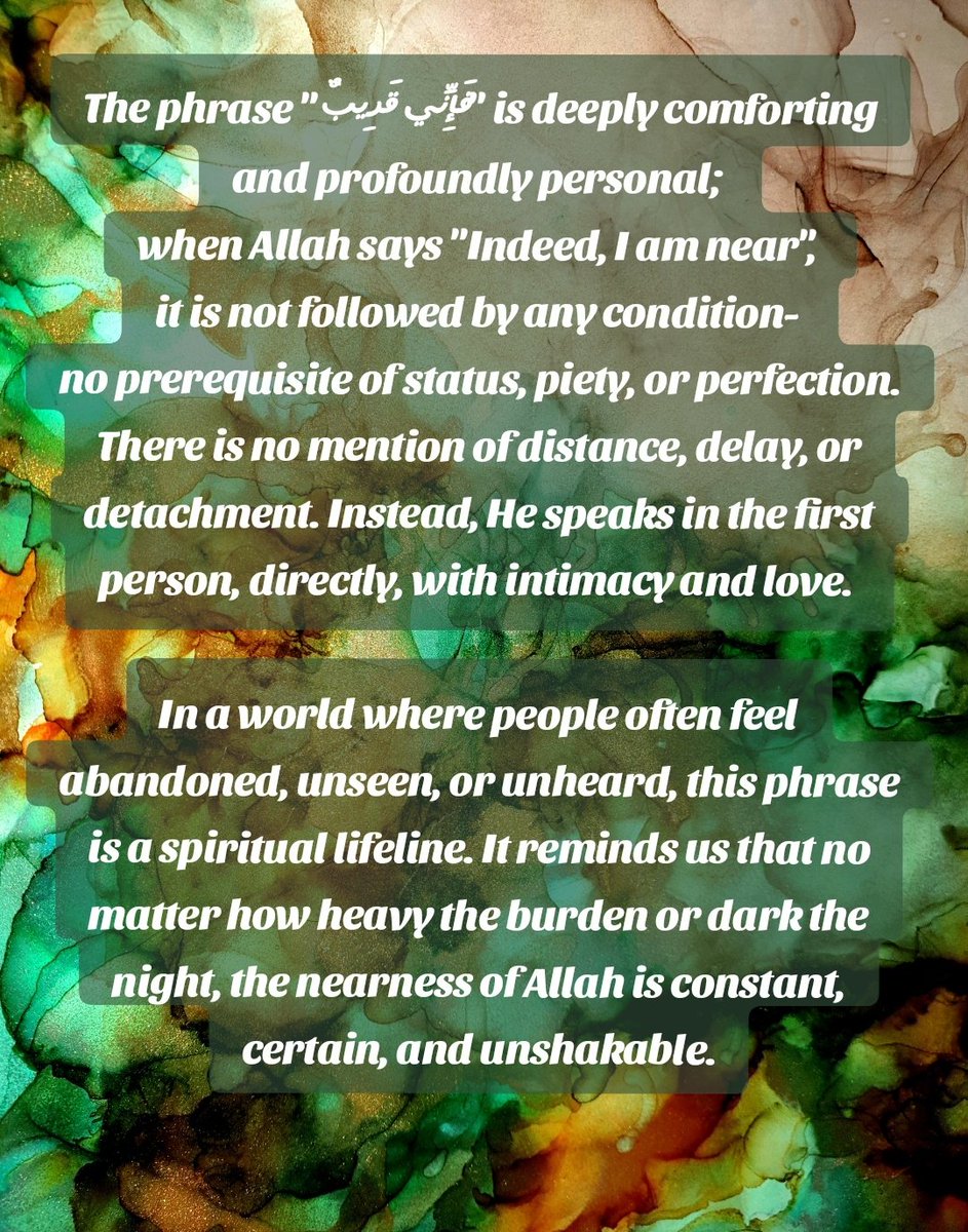 aini_butt's tweet image. In a world where people often feel abandoned, unseen, or unheard, the phrase "فَإِنِّي قَرِيبٌ" is
is a spiritual lifeline. It's a reassurance from above: "I am near."

#art #jummah #Calligraphy