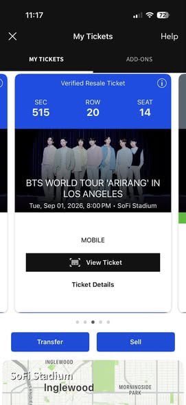 Hi everyone!

I have 2x tickets available for the BTS Concert in Los Angeles 🎶

📍 Venue: SoFi Stadium, Inglewood, CA

📅 Date: Tuesday, September 1, 2026

⏰ Time: 8:00 PM

🎟 Section: 515 | Row: 20

DM me if you’re interested or need more details !

#BTSARMY #BTS_WORLDTOUR
