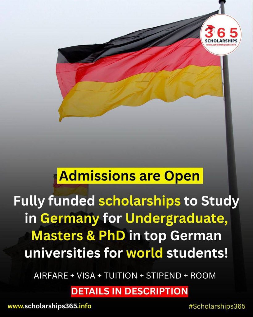 #Germany Scholarships to Study in Germany for Undergraduate, Masters &amp; PhD for World Students in top German universities!

No Agent - Direct Apply

👉 Apply Link: scholarships365.info/scholarships-t…

👉 Degree: Undergraduate, Masters &amp; PhD!

Benefits: Fully Funded
1) Airfare
2) Visa
3)