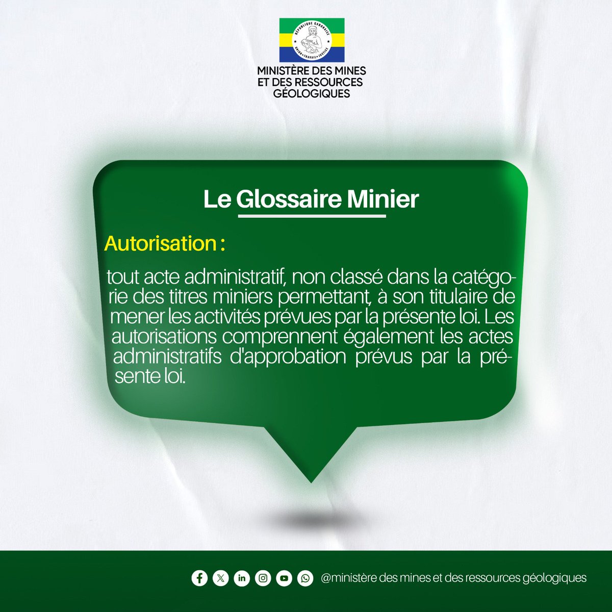 MinesGabon's tweet photo. 🔵𝐋𝐄 𝐆𝐋𝐎𝐒𝐒𝐀𝐈𝐑𝐄 𝐌𝐈𝐍𝐈𝐄𝐑

𝐃é𝐟𝐢𝐧𝐢𝐭𝐢𝐨𝐧  "Autorisation"

#SecteurMinier
#Glossaire
#ComGouv
#Gabon https://t.co/FXb2qXfB6n