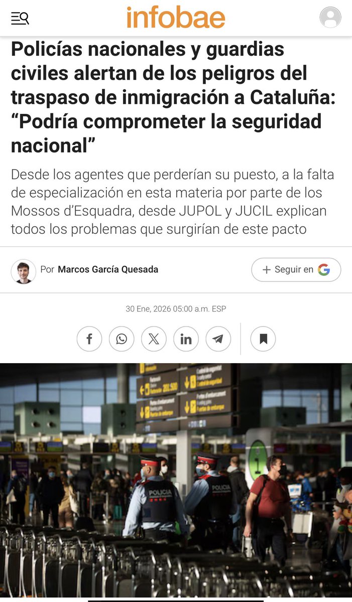 Policías nacionales y guardias civiles alertan de los peligros del traspaso de inmigración a Cataluña: “Podría comprometer la seguridad nacional”, vía <a href="/infobaees/">Infobae España</a>

“Desde los agentes que perderían su puesto, a la falta de especialización en esta materia por parte de los Mossos