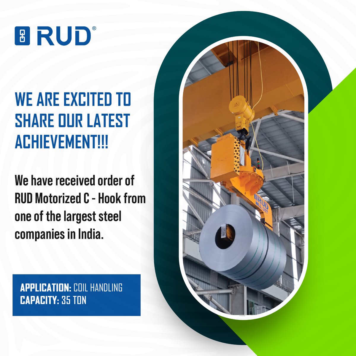 RUDIndia's tweet photo. We are pleased to share that a leading Indian steel company has selected our RUD Motorized C-Hook for their operations. We look forward to supporting their production goals with our advanced lifting technology. #GermanEngineering #EngineeringExcellence #materialhandlingsolutions https://t.co/LvN6qCU1hc