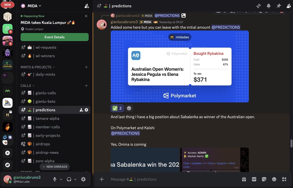 gianlucabruno3's tweet photo. > Following the flow creates edge 💰

with @omina_bot, yesterday’s prediction was about reading the match phase by phase, not guessing the outcome.

> how? ⬇️

1/ After sharing the Rybakina prediction, we monitored how the market reacted.

2/ Whales started committing serious capital on her win, reinforcing the initial read. Two entries were around 200k.

3/ The early break on Pegula’s first service game confirmed the momentum.

4/ I followed the match live and shared how to manage each phase, reducing risk while letting the edge play out.

This is the value of @omina_bot clans: flow, alpha and social interaction in real time, directly on Telegram.