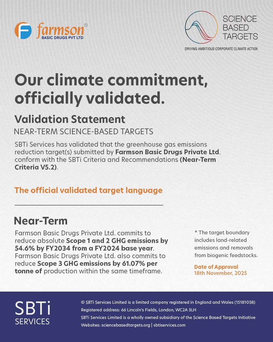 Farmsonpharma's tweet photo. A big thank you to everyone across teams who contributed to this achievement.

Proud moment for all of us — and an important step forward for our sustainability roadmap.
Onwards, Toward a Greener Future!

#SBTi #ScienceBasedTargets #sustainablefuture #Farmson #FarmsonBasicDrugs https://t.co/yiZ2uGxsCt