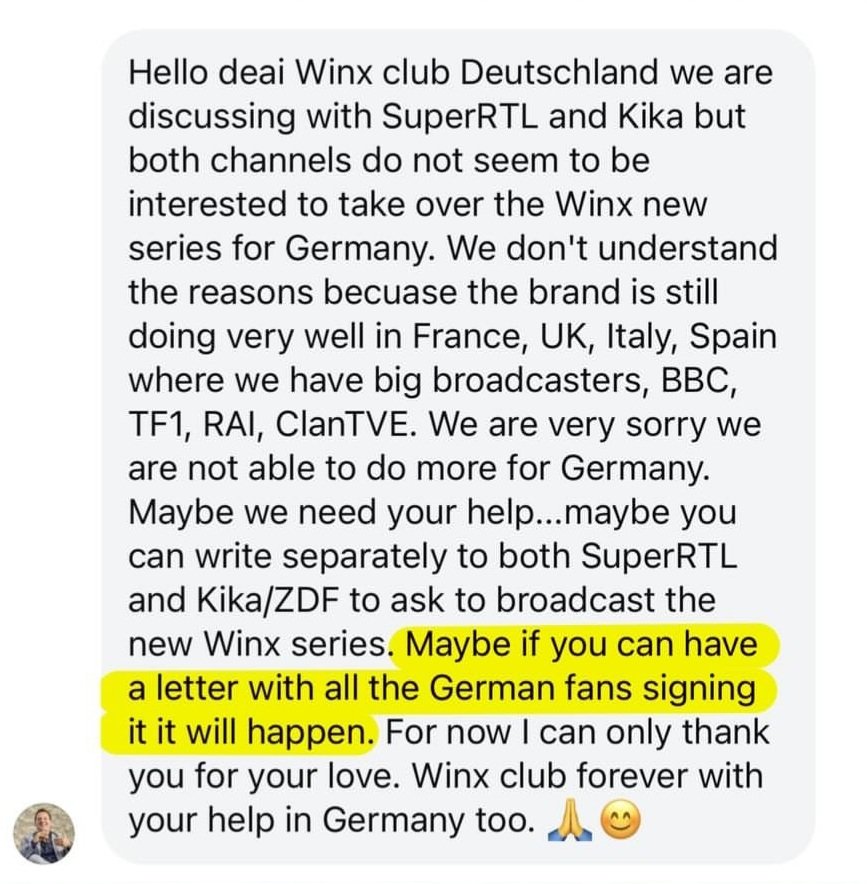 8_winx's tweet photo. Toggo (Super Rtl) and Kika don't want to show Winx Club The Magic Is Back in Germany, iginio staffi asks for signatures/petitions to convince #winx #winxclub #винкс #клубвинкс https://t.co/SBlNwl8GQ4