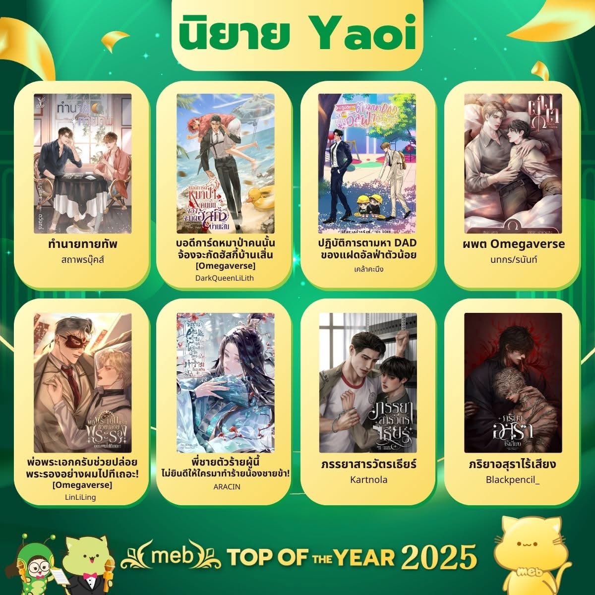นิยาย #ภรรยาสารวัตรเธียร์  ได้ meb top of the year 2025 ด้วยค่ะ 😭😭😭😭😭 

เส้นทางการเป็นนักเขียนของโนจะมาไม่ถึงตรงนี้ได้เลยถ้าไม่ได้รับการสนับสนุนจากคุณนักอ่าน และทุกคนที่ช่วยสนับสนุน ฮึกกกกก 
ใจฟูมากกก และปีนี้ขอให้หลาย ๆ คน ค้นพบ สารวัตรเธียร์และน้องมังกร ยิ่ง ๆ ขึ้นไปนะคะ
